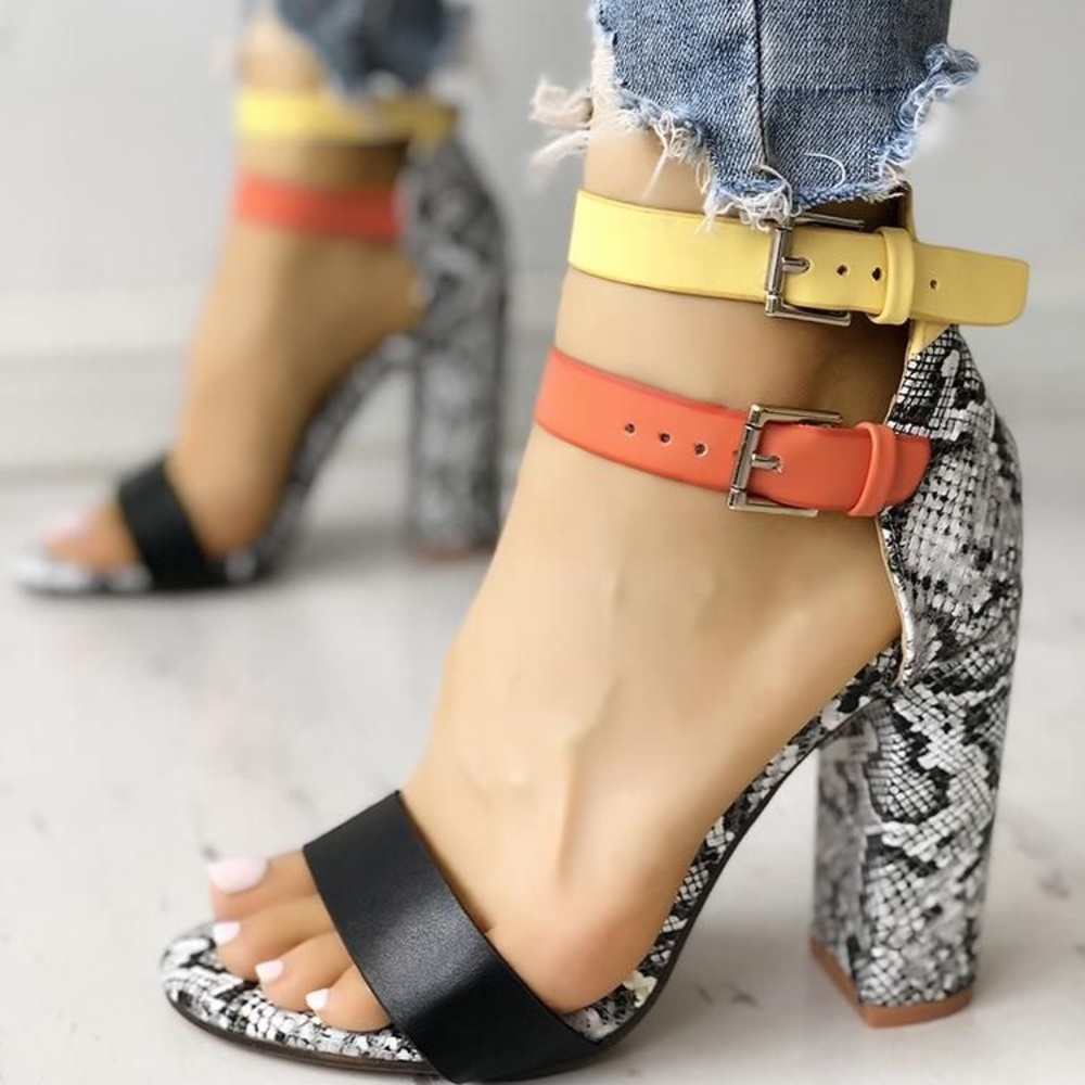 Contrast Color Snakeskin Chunky Heeled Sandal